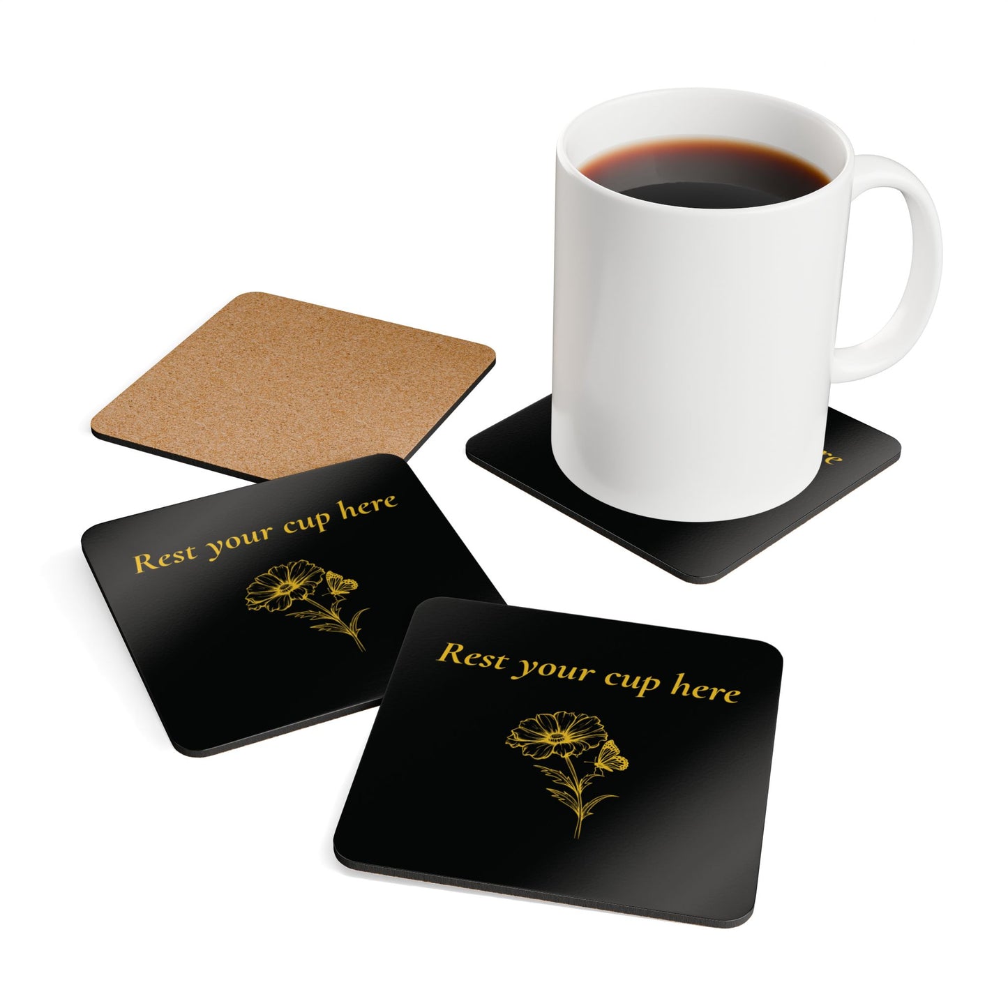 Rest Your Cup Here – Black Corkwood Coasters (4-Piece Set)