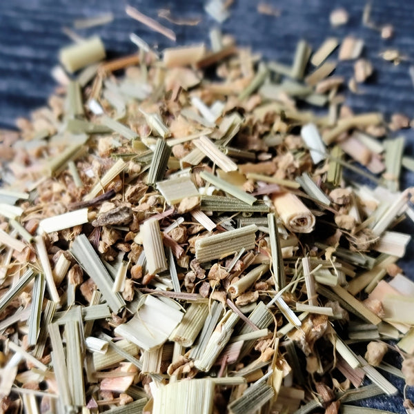 Loose organic lemongrass and ginger tea on top of a table