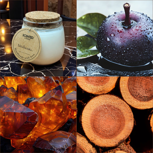 Collage of a scented candle, a dark fruit with water droplets, amber crystals, and wooden logs representing fragrance notes in blend.