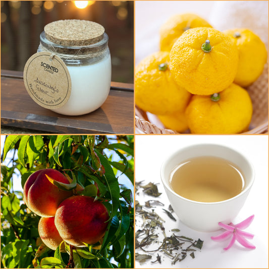 Collage of a scented candle, lemons, peaches, and a cup of white tea with flowers representing the scent notes in the candle fragrance blend.