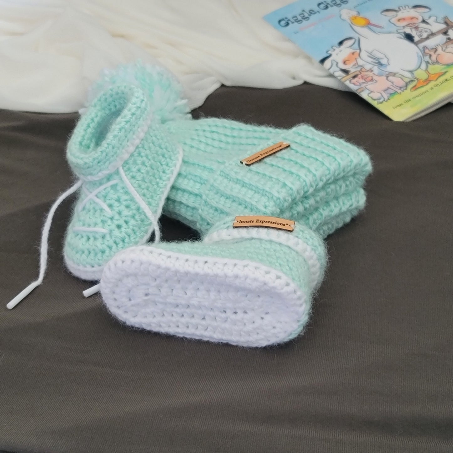Bespoke Order: Peppermint Patty Baby Gift Set - Booties & Beanie - 3 to 6 months - Made to Order