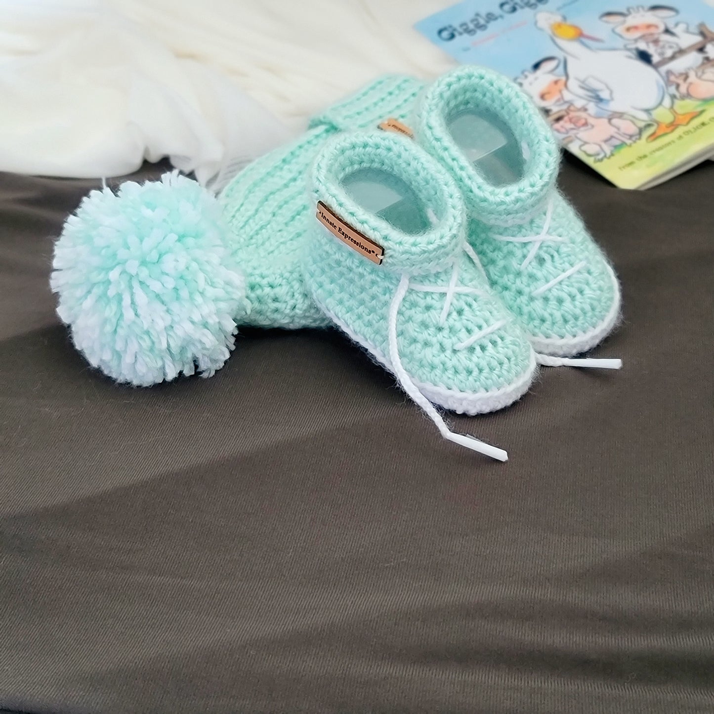 Bespoke Order: Peppermint Patty Baby Gift Set - Booties & Beanie - 3 to 6 months - Made to Order