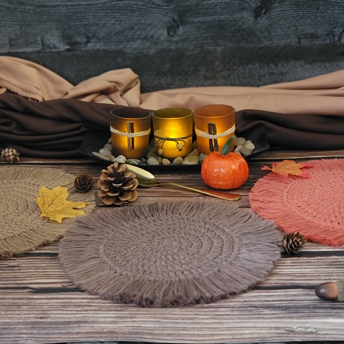 Bespoke Order - Set of (Two 7" and One 5") Boho Coasters each with 1.5" fringe - Select Colors