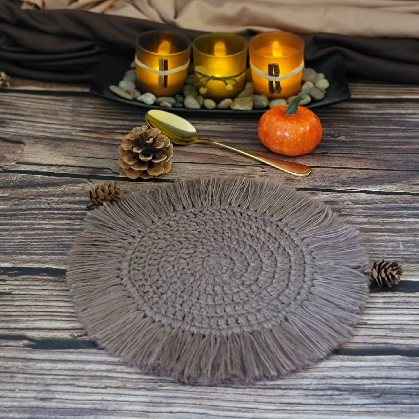 Bespoke Order - Set of (Two 7" and One 5") Boho Coasters each with 1.5" fringe - Select Colors