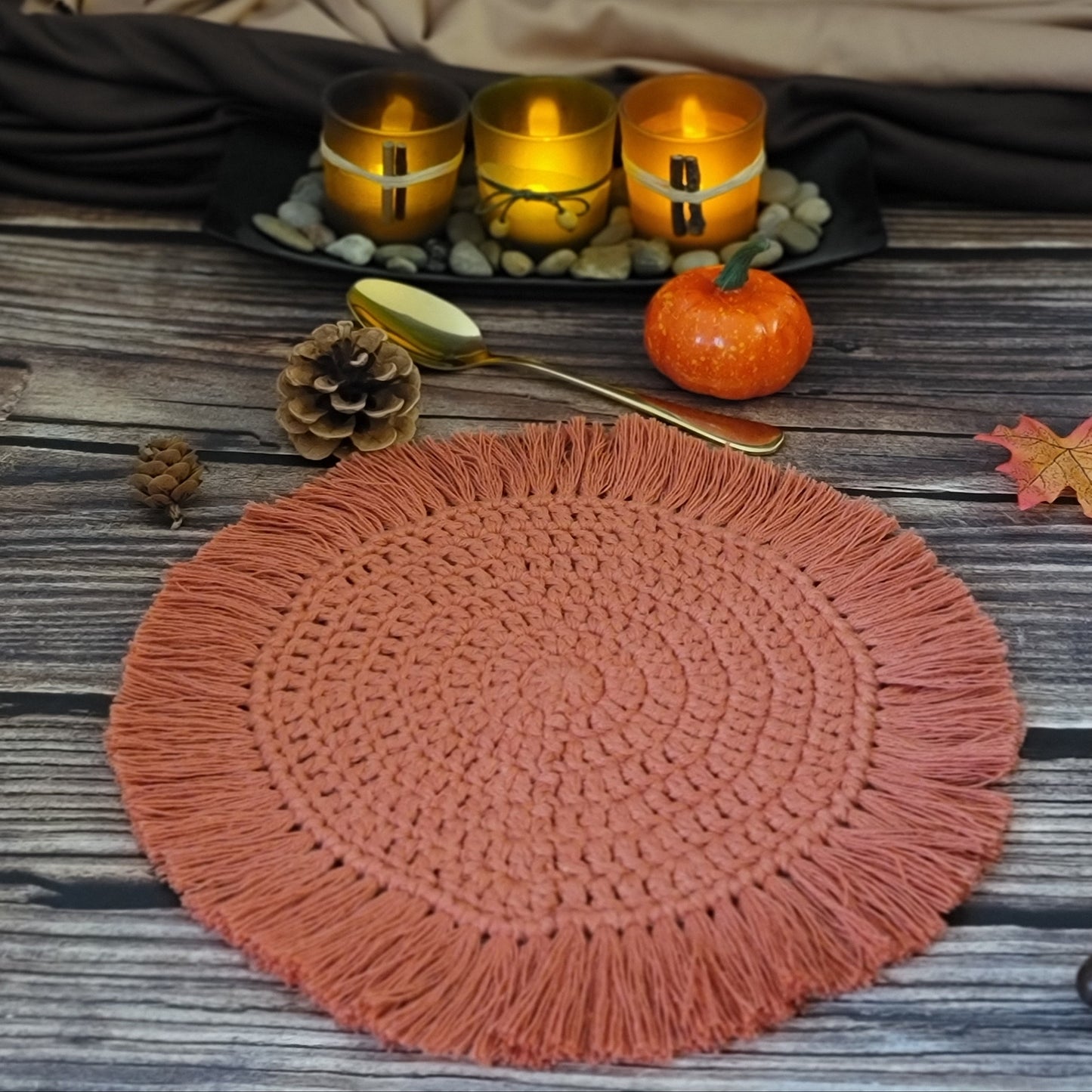 Bespoke Order - Set of (Two 7" and One 5") Boho Coasters each with 1.5" fringe - Select Colors