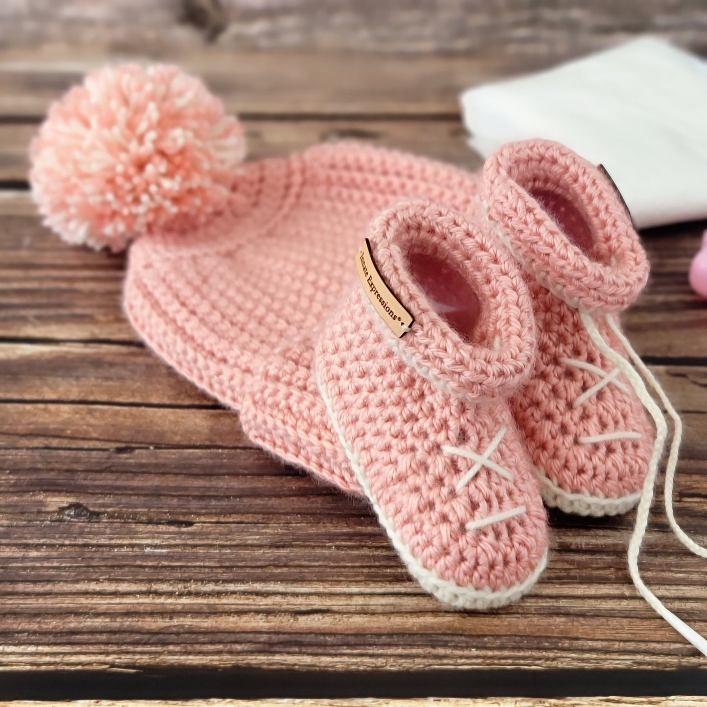 Bespoke Order: 'Peachy Swirl' Baby Gift Set - Booties & Beanie - 3 to 6 months - Made to Order