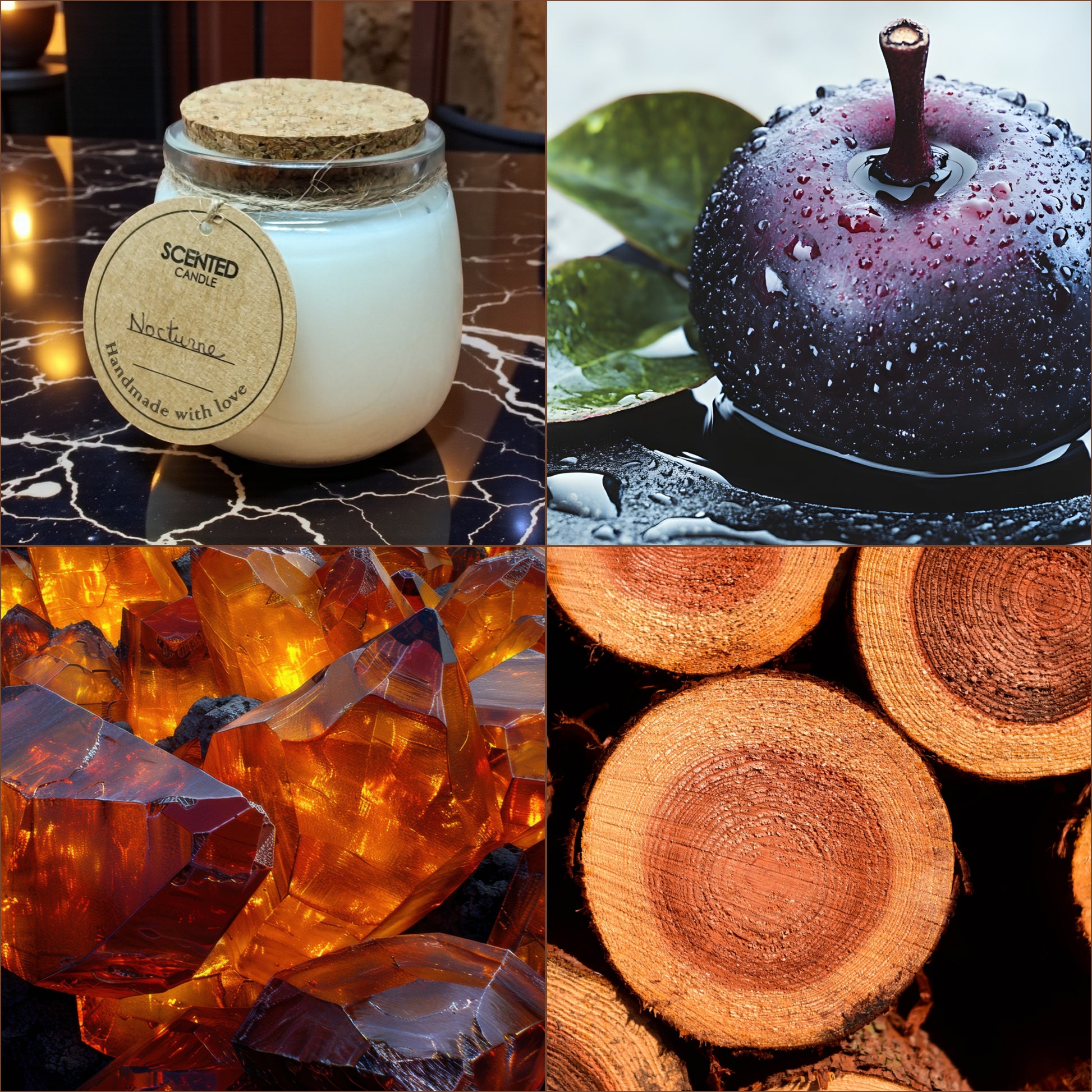 Collage of a scented candle, a dark fruit with water droplets, amber crystals, and wooden logs representing fragrance notes in blend.