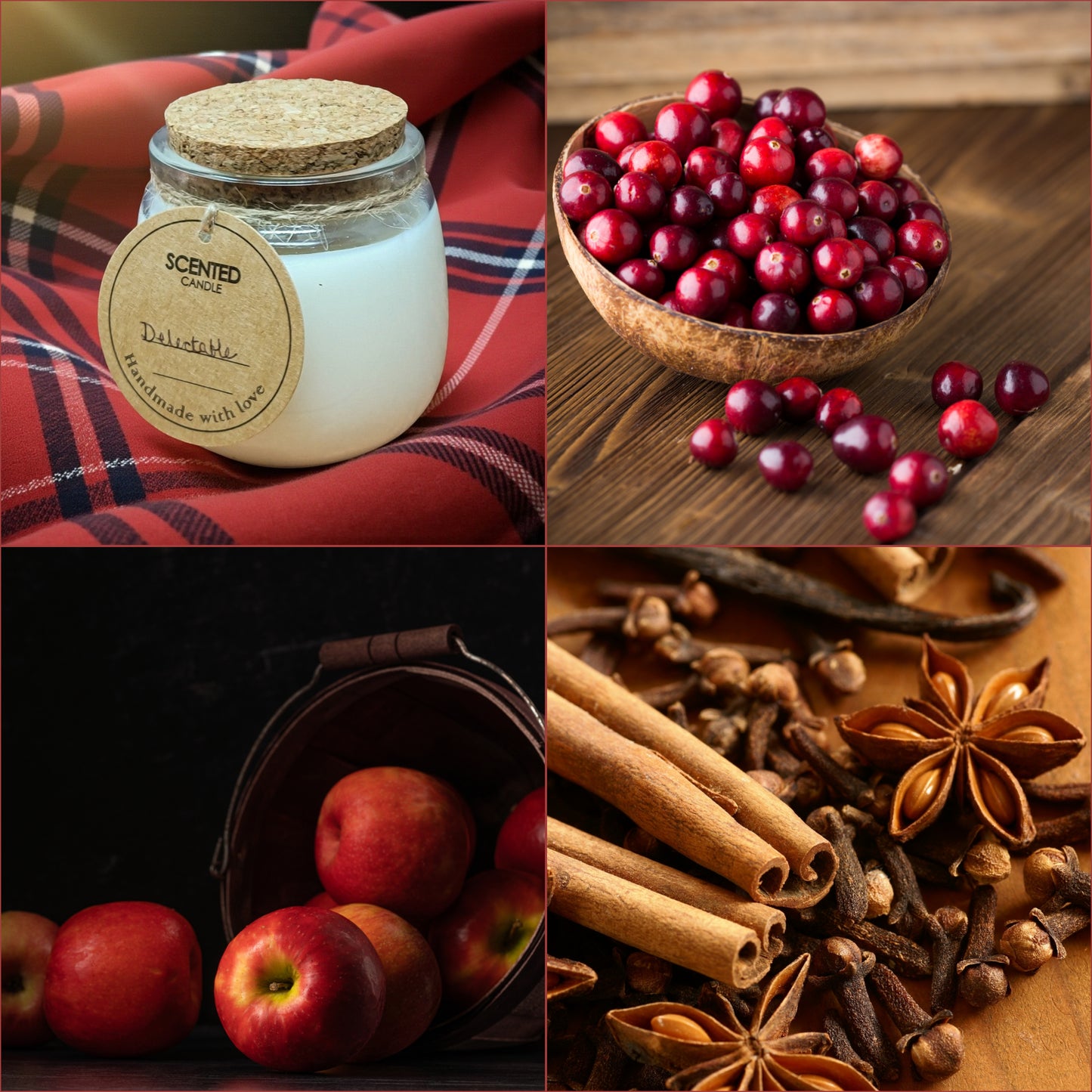 Collage of a scented candle, cranberries, apples, and spices on a wooden surface representing scent notes in candle fragrance blend.