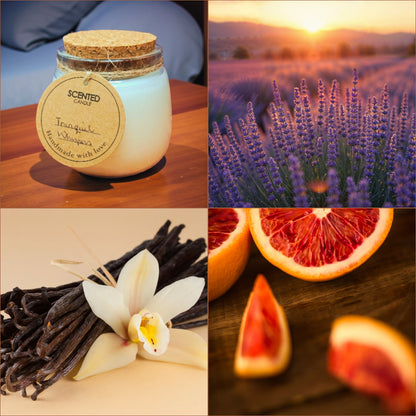 Collage of a scented candle, lavender field, vanilla beans, and blood oranges representing scent notes in candle fragrance blend.