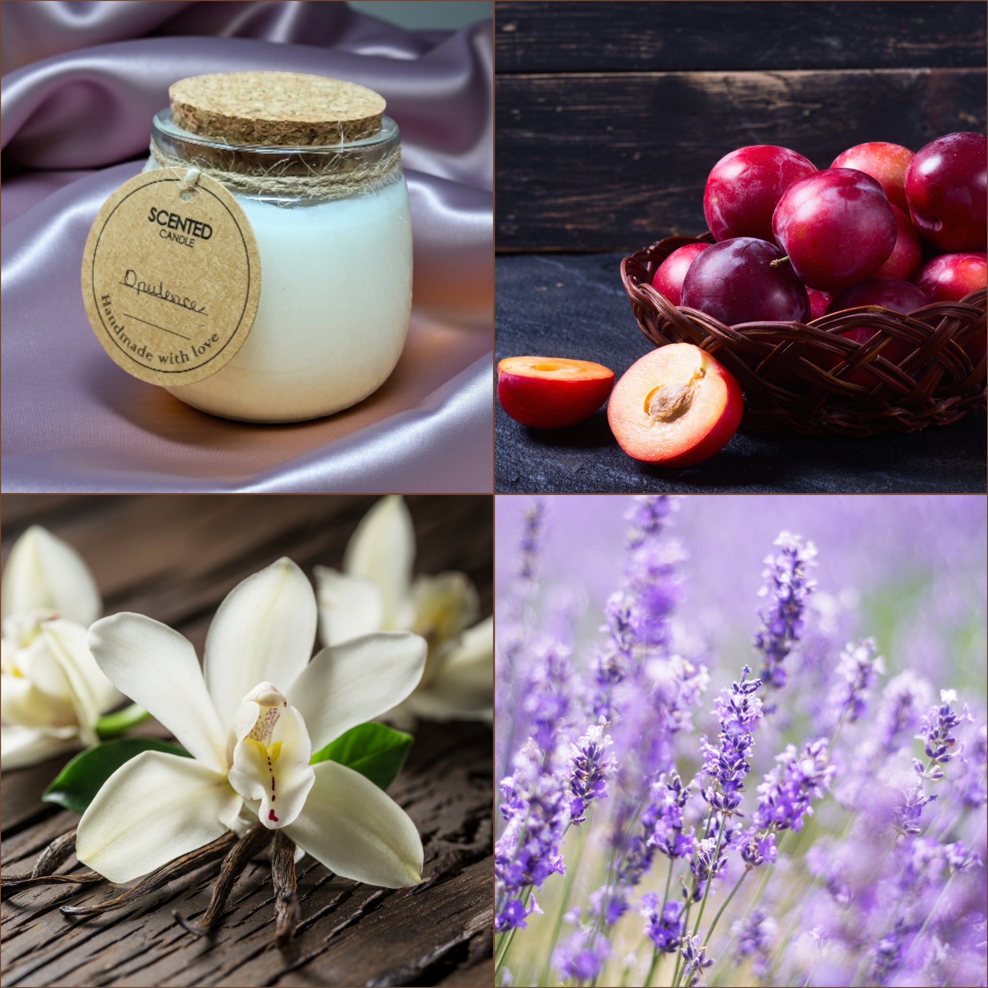 Collage of a scented candle, plums, white flowers, and lavender representing fragrance notes in candle blend.