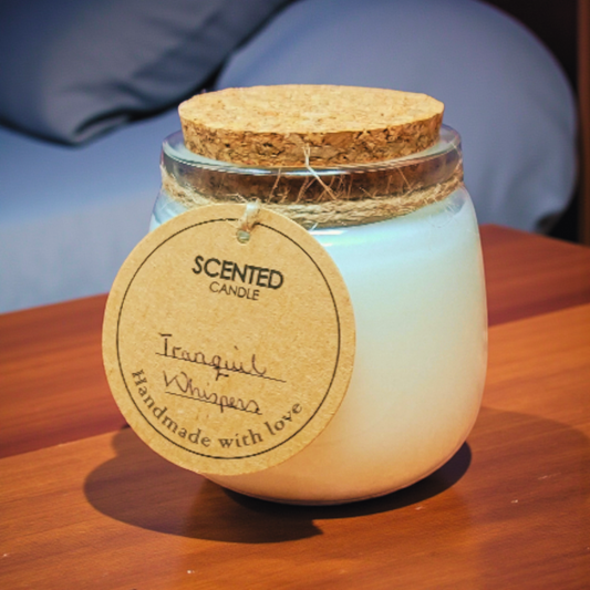 Scented candle in a glass jar with a cork lid on a wooden bedside table.