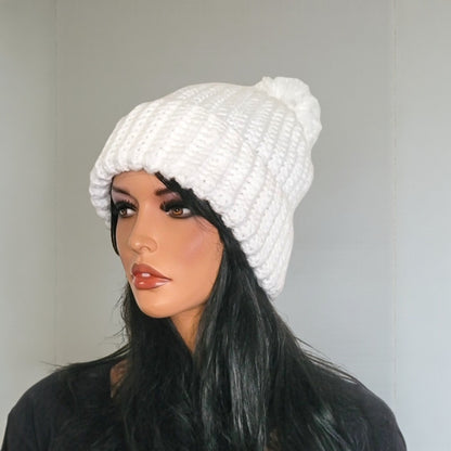 Ribbed Slouchy Beanie with Detachable Pompom - One Size Fits Most