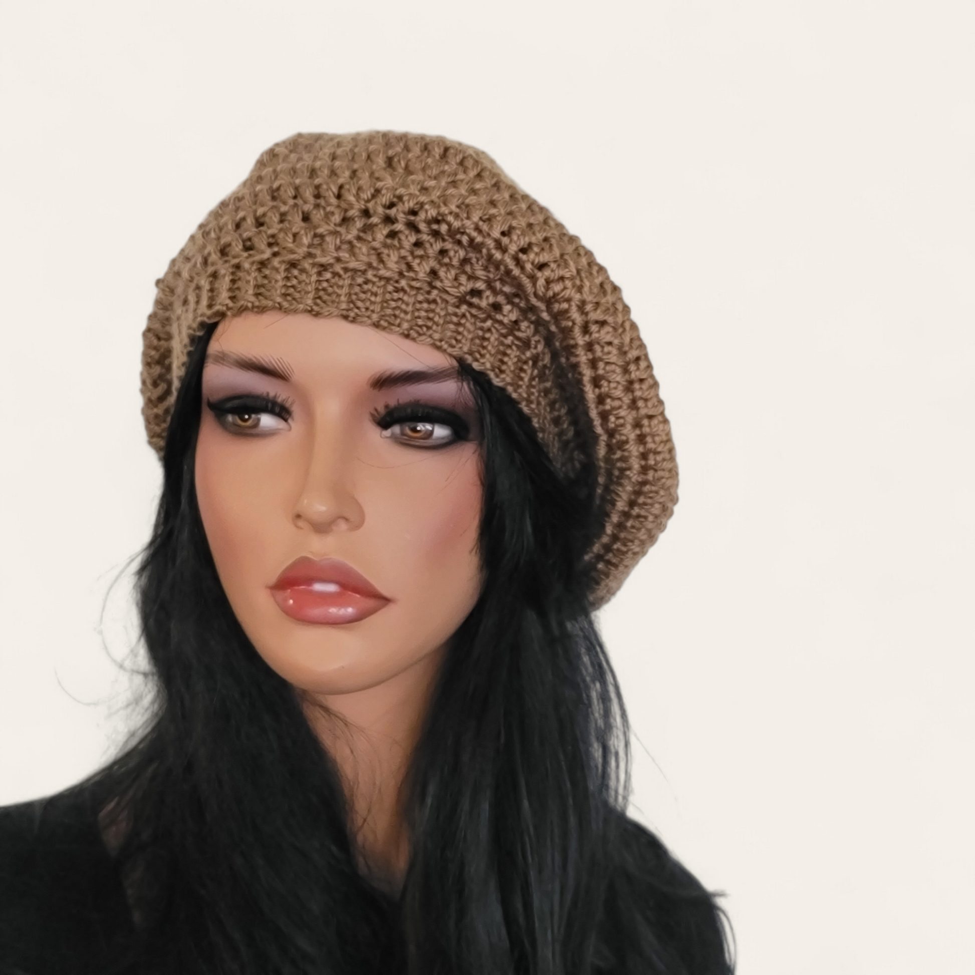 Walnut brown crocheted beret without pom-pom on mannequin.