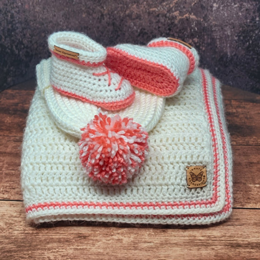 Bespoke Order: Sweet Beginnings 3-Piece Baby Gift Set in 'Coral & Cream' - Made to Order - 3 to 6 months
