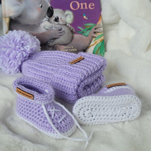Bespoke Order: Lilac Dreams Baby Gift Set - Booties & Beanie - 3 to 6 months - Made to Order