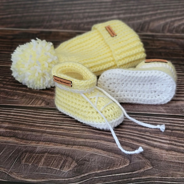 Lemon Meringue Baby Gift Set - Booties & Beanie - 3 to 6 months - Made to Order