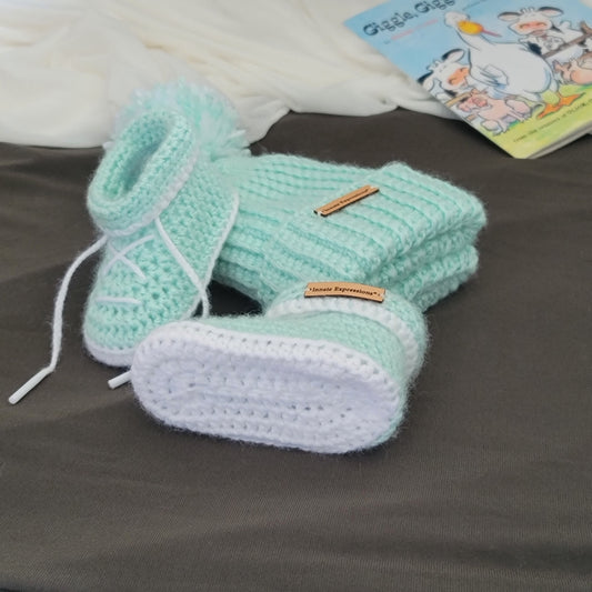 Bespoke Order: Peppermint Patty Baby Gift Set - Booties & Beanie - 3 to 6 months - Made to Order