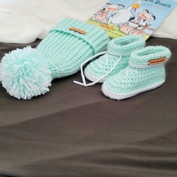 Bespoke Order: Peppermint Patty Baby Gift Set - Booties & Beanie - 3 to 6 months - Made to Order